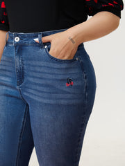 Cherry Embroidered Mid-Rise Straight Leg Jeans