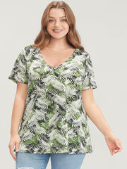 Tropical Print V Neck Contrast T-shirt