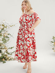 Floral Print Pocket Ruffles Trim Split Halter Maxi Dress