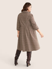 Heart Print Lapel Collar Button Detail Knee Dress