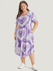 Heart Print Tie Dye Pocket Crisscross Neck Dress