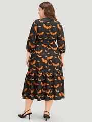 Halloween Bat Print Notched Belted Pocket Dress
