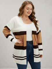 Colorblock Contrast Pointelle Knit Eyelet Open Front Cardigan
