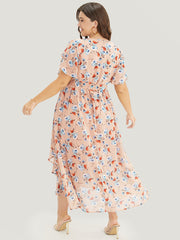 Floral Pocket Ruffles Split Sleeve Asymmetrical Hem Dress