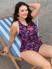 Floral Print Round Neck Shirred Swim Top