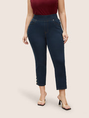 Black Wash Button Detail Elastic Wais Slim Jeans