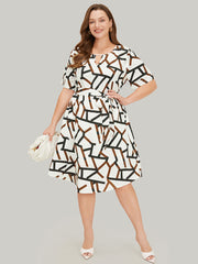 Geometric Print Pocket Ruffles Keyhole Neck Dress