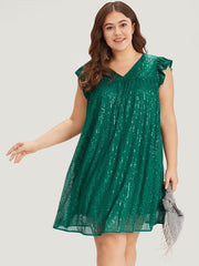 Sequin Mesh Pocket Cap Sleeve Ruffle Trim Dress