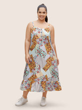 Floral Colorblock Contrast Button Detail Cami Dress