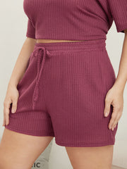 Solid Elastic Waist Pocket Ties Waffle Knit Sleep Shorts