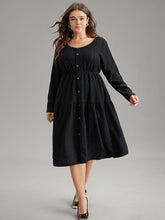 Plain Gathered Button Detail Texture Ruffle Hem Dress