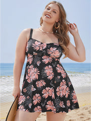 Floral Print Gathered Adjustable Straps Swim Dress