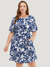 Floral Print Batwing Sleeve Pocket Knot Side Dress
