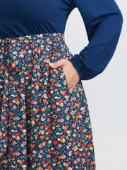 Floral Patchwork Pockets Belted Midi Dress