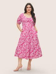 Silhouette Floral Print Ruched Lantern Sleeve Dress