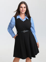 2-in-1 Color Contrast Belted Midi Dress