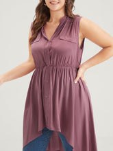 Solid Gathered Button High Low Hem Fake Pocket Tank Top