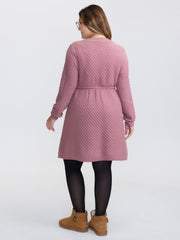 Textured Drawstring Waist V-Neck Sweater Dress