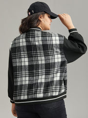 Plaid Button Through Pocket Baseball Collar Bomber Jacket