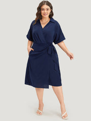 Shirt Collar Split Hem Wrap Pocket Knot Gathered Dress