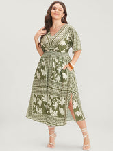 Floral Print Ruffles V Neck Shirred Pocket Split Hem Dress