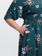Floral Print Pockets Notched Collar Maxi Dress