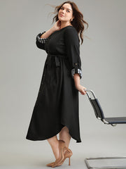 Gingham Notched Belted Curved Hem Tab Sleeve Dress