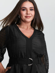 Grid Print Buckle Belt Contrast Midi Dress