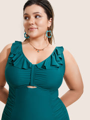 Solid Cut Out Ruffle Trim One Piece Swimsuit
