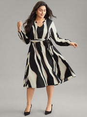 Colorblock Striped Notched Belted Lantern Sleeve Dress