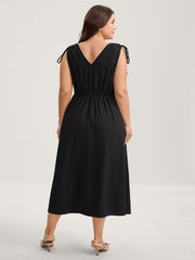 Shoulder Drawstring Slit Solid Midi Dress