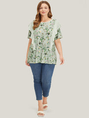 Floral Patchwork Round Neck Striped Ruffle Trim T-shirt