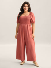 Shirred Puffy Sleeve Pockets Jumpsuit