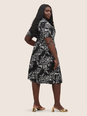 Silhouette Floral Print Ties Lapel Collar Dress
