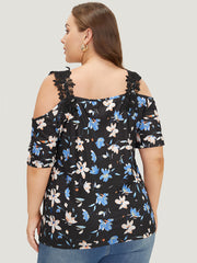 Floral Guipure Lace Cold Shoulder T-shirt