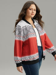 Christmas Patchwork Zipper Contrast Jacket