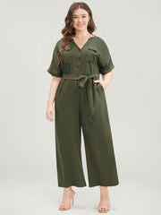 Plain Flap Pocket Belted Button Up Jumpsuit