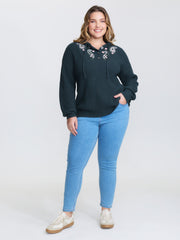 Floral Embroidery Hooded Textured Pullover