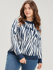 Zebra Print Pointelle Knit Raglan Sleeve Jacquard Knit Top