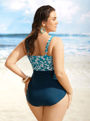 Silhouette Floral Print Patchwork Gathered One Piece Swimsuit