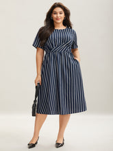 Striped Stretchy Waist Defining Pockets Dress