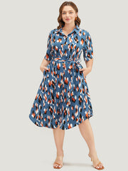 Allover Print Button Detail Pocket Belted Arc Hem Dress