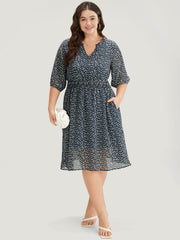 Bird Print Notched Shirred Lantern Sleeve Dress