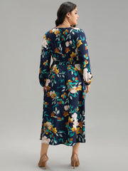 Floral Print Shirred Lantern Sleeve Dress