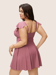 Solid Flutter Trim A Line Swim Dress