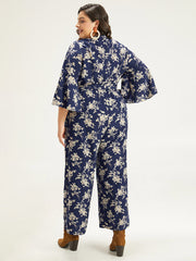 Floral Print Bell Sleeve Pocket Belted Jumpsuit