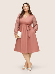 Plain Mesh Textured Patchwork Belted Dress