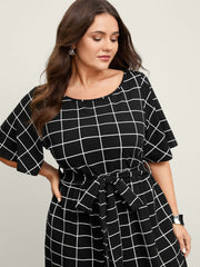 Grid Print Cinched Belted Waist Jumpsuit