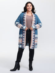 Boho Pattern Jacquard Folded Collar Knit Cardigan
