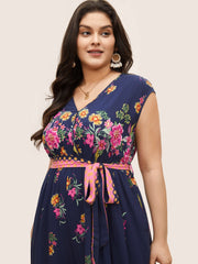 Boho Print Overlap Collar Belted Sleeveless Jumpsuit